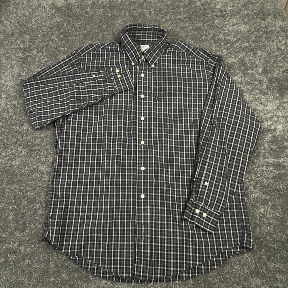 Brooks Brothers 346 Shirt Men's Large Black Gray Plaid  L/S Button Up Down - Picture 2 of 7